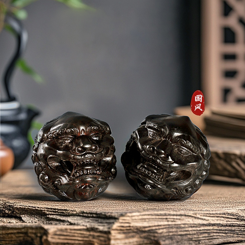 Art Craft Lion - Chinese Black Sandalwood Carved Awakening Lion