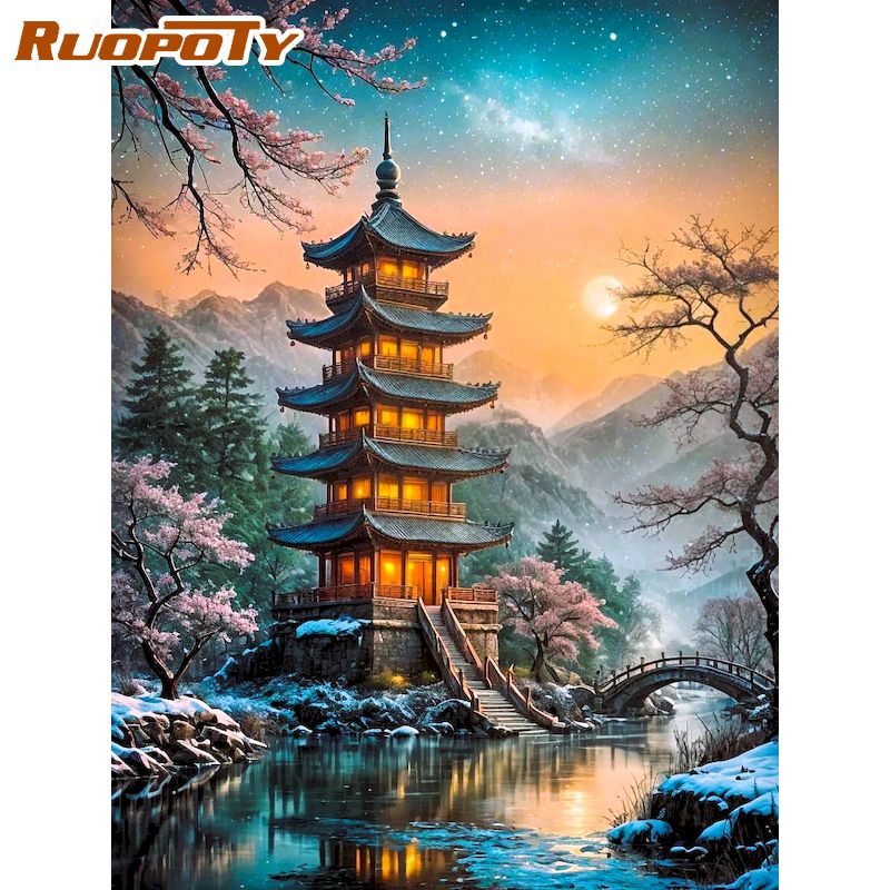 Art Craft Room Ideas - RUOPOTY Pagoda Diamond Painting Wall Art